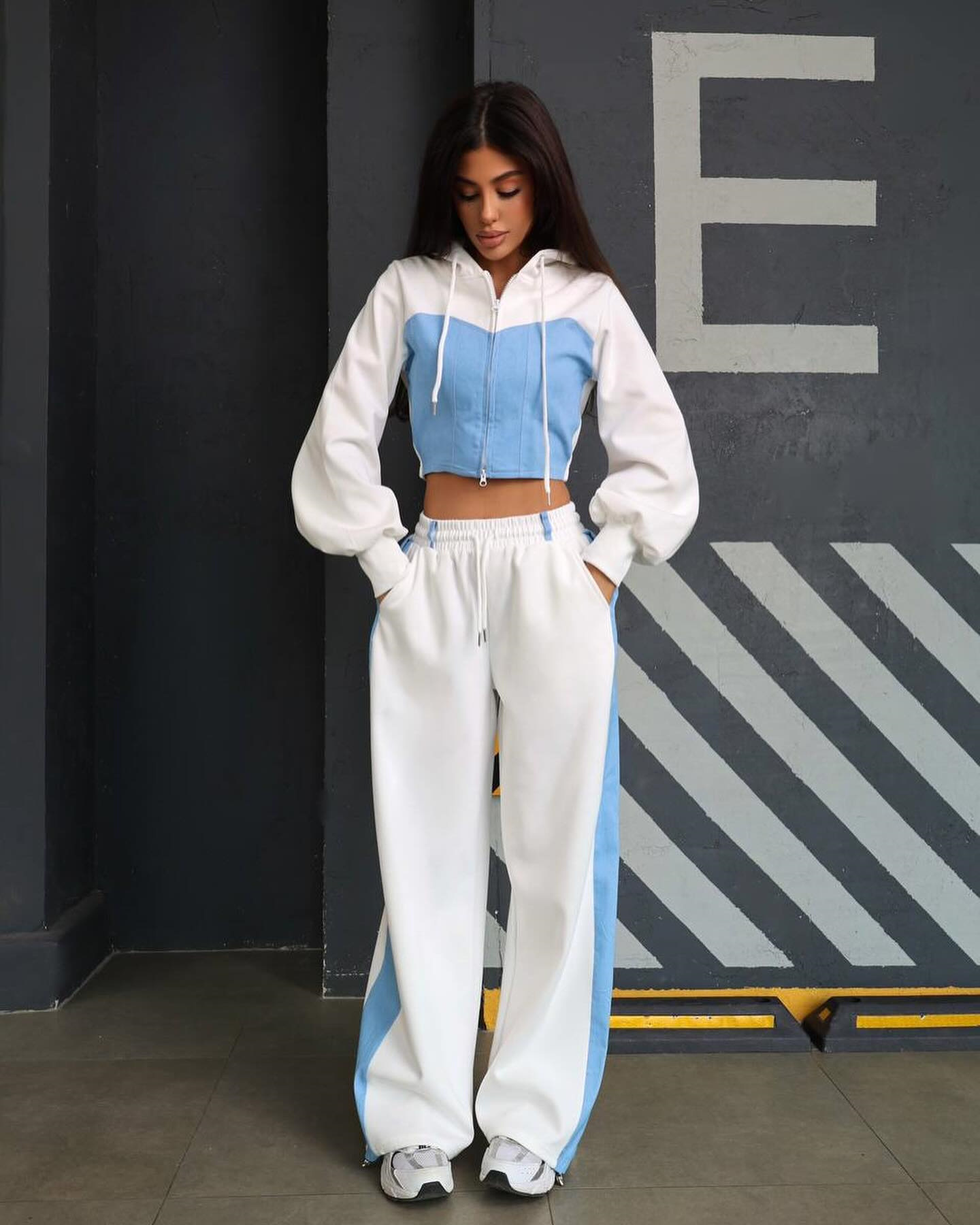 Fashion Casual Sweater Suit Denim Stitching Hooded Top And Trousers Women's Clothing