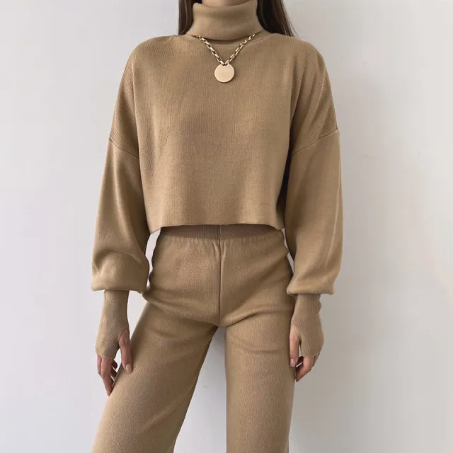 Autumn And Winter New European And American Turtleneck Loose Long Sleeve Top Female Casual Fashion Set Khaki - Shop at LoveMi