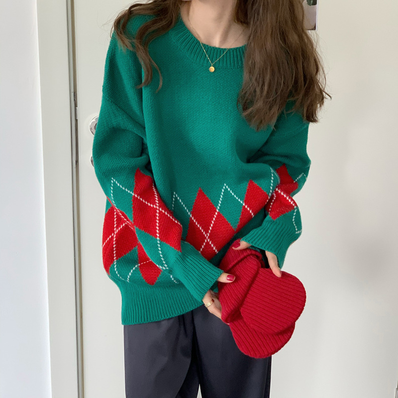 New Christmas Red Rhombus Thickened Contrast Color Girlfriends Sweater Loose Retro Autumn And Winter Sweater Pullover Top BESTWAY
