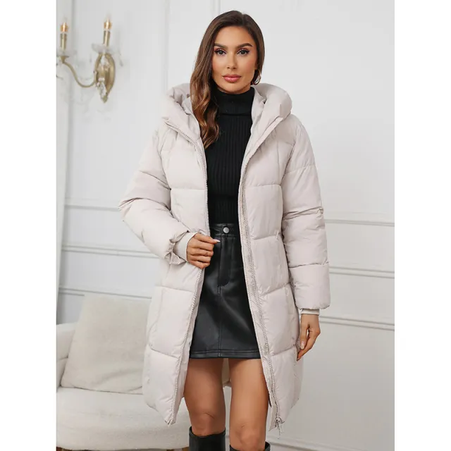 Mid length Thickened Upgraded Plus Size Fashion Casual Hooded Pure Color Cotton Clothing Coat For Women Beige - Shop at LoveMi
