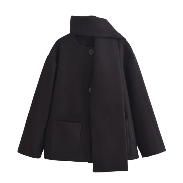 European And American Style Women's New Elegant Mixed Scarf Round Neck Coat Black - Shop at LoveMi