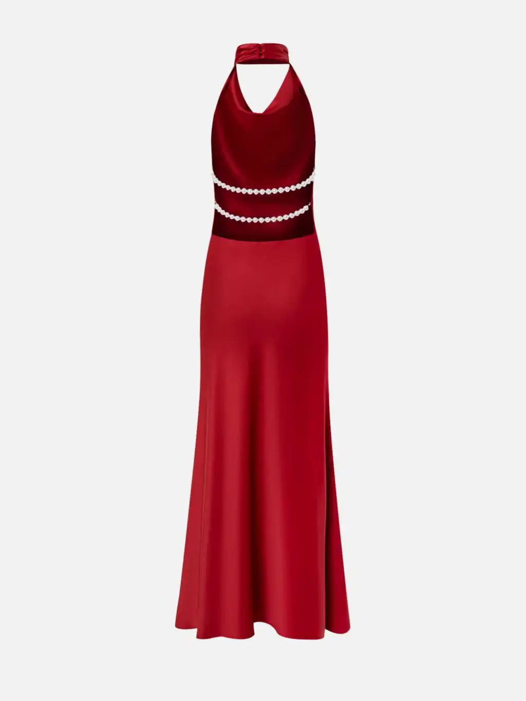 Satin Sexy V-neck Pearl Backless Halter Dress - Red