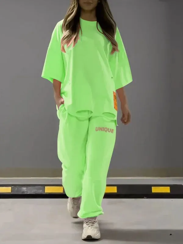 Loose Hollow Crew Neck T shirt Top Pants Suit Two piece Set Green - Shop at LoveMi