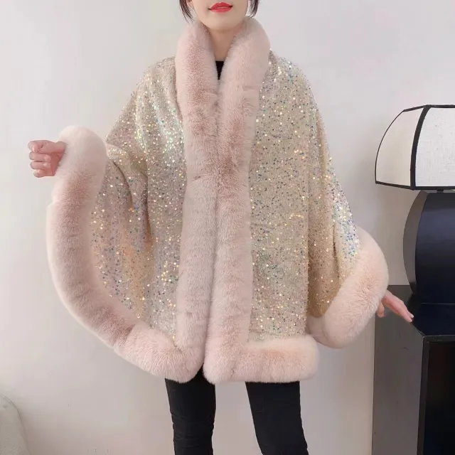 Fleece lined Thicken Big Fur Collar Sequined Shawl Beige Pink - Shop at LoveMi