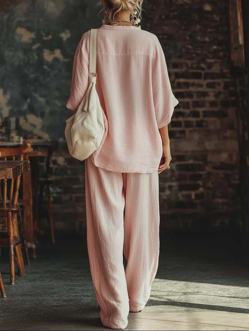 V-Neck Loose Short-Sleeve Top & Pants Two-Piece Set – lifestyle shot showing relaxed fit