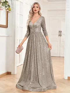 Sequined Fall V-neck High Waist Party Formal Dress - Dark Gray - View 1