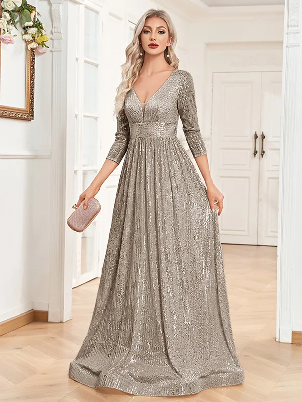 Sequined Fall V neck High Waist Party Formal Dress Dark Gray - Shop at LoveMi