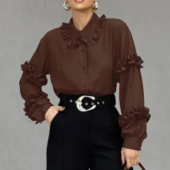 Elegant Temperament Shirt Women's Fashion Casual Open - Brown - View 1