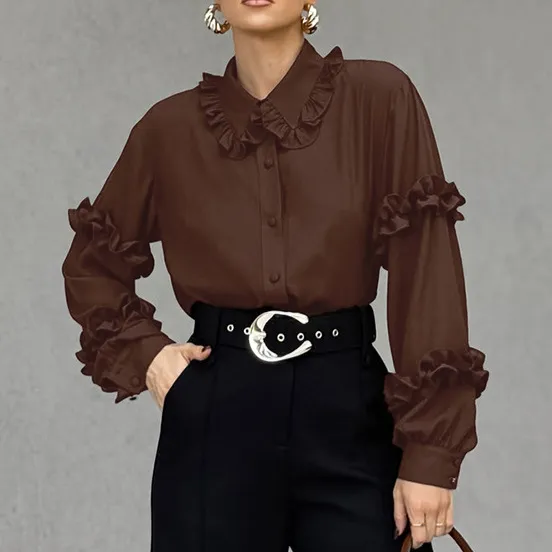 Elegant Temperament Shirt Women's Fashion Casual Open Brown - Shop at LoveMi