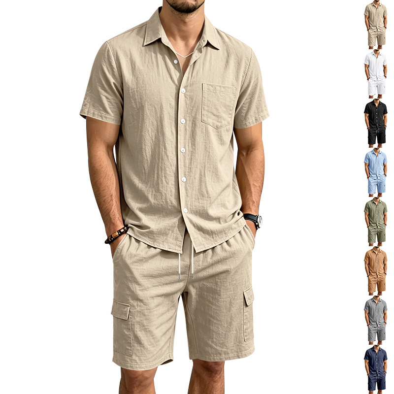Mens Linen Short-sleeve Shirt And Workwear Shorts Set