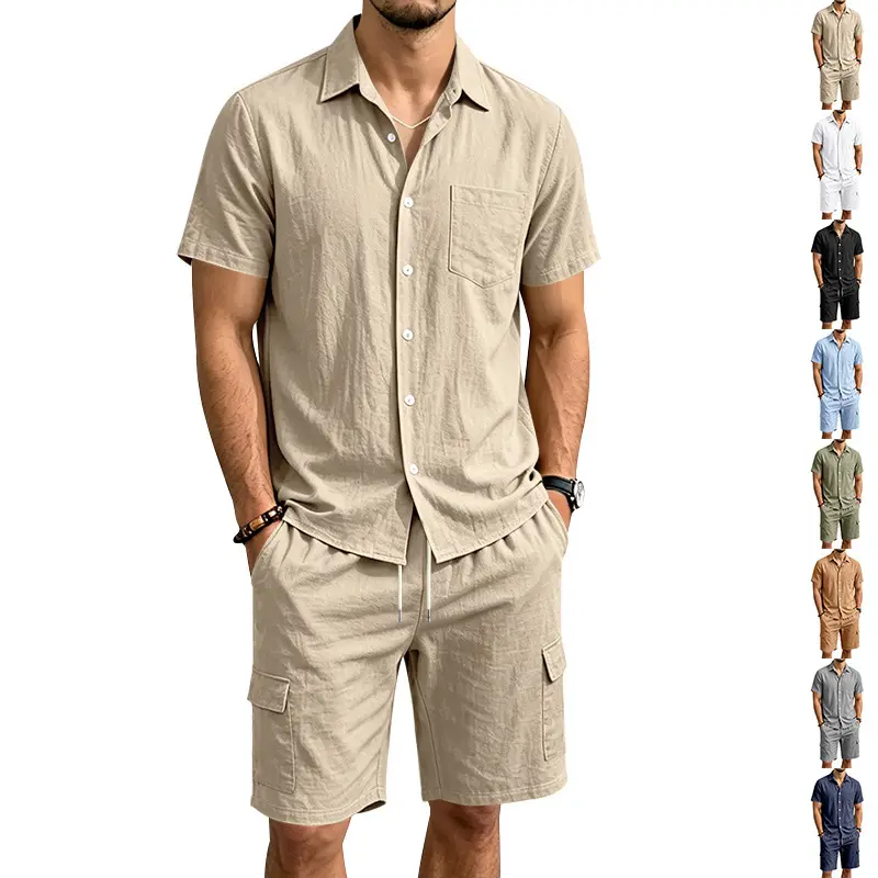 Mens Linen Short-sleeve Shirt And Workwear Shorts
