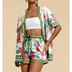 Fashion Casual Printing Cardigan Short Sleeve Shorts Suit - Emerald Green - View 1