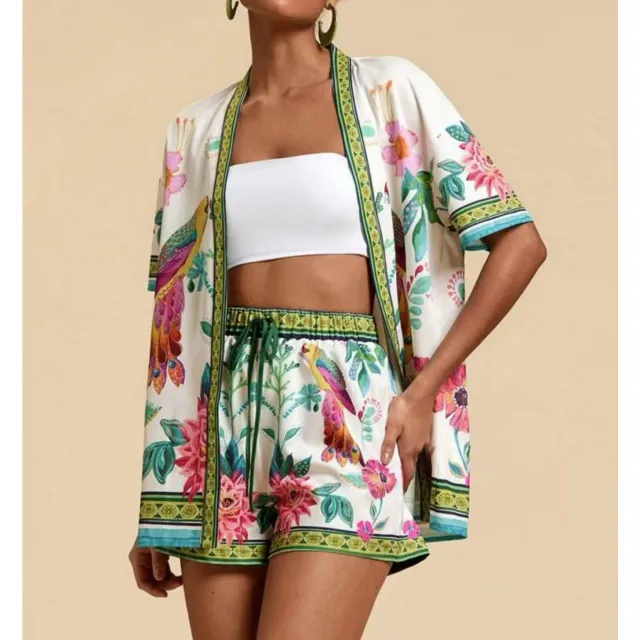Fashion Casual Printing Cardigan Short Sleeve Shorts Suit Emerald Green - Shop at LoveMi