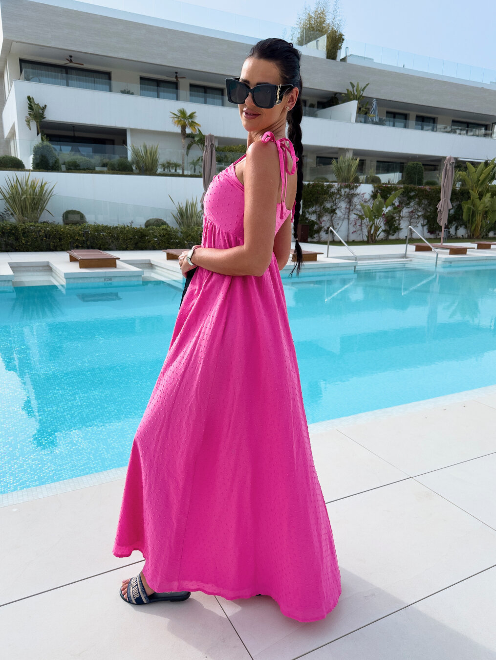 solid color jacquard deep v sling dress side view