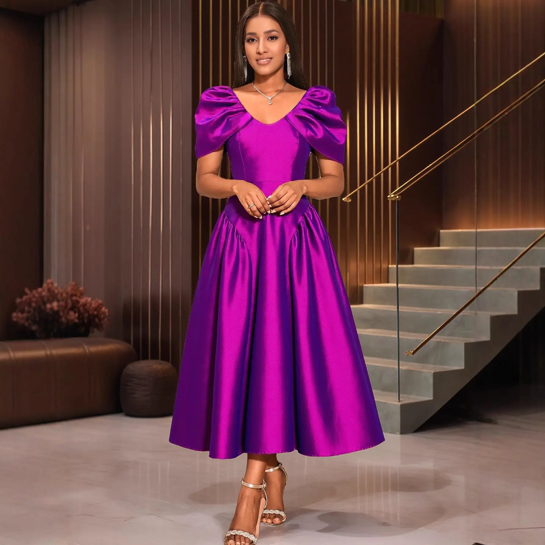 Puff Sleeve Evening Dress A Hem Pleated