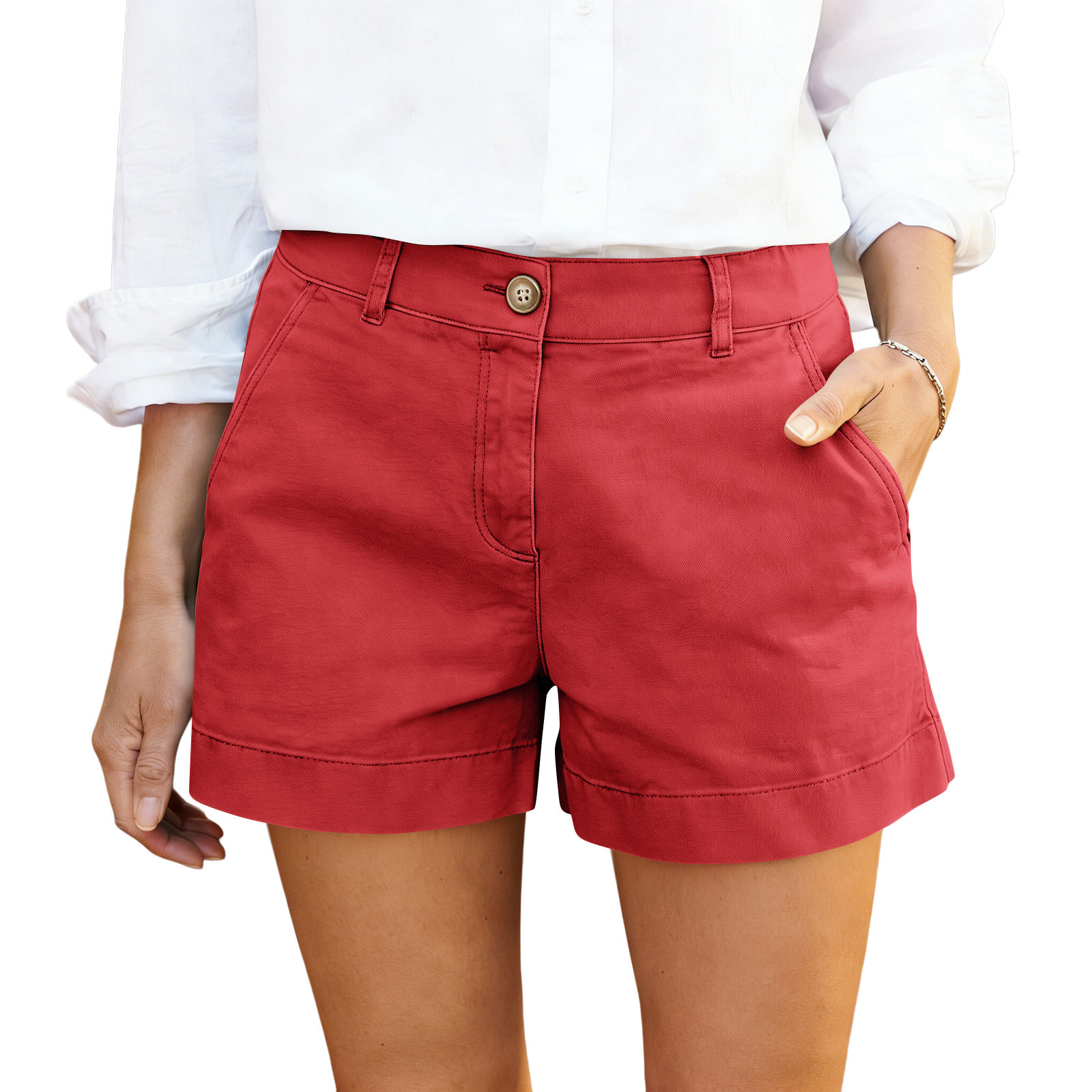 Women's High-Waisted Bermuda Shorts in Apricot – twill cotton casual solid color elegant