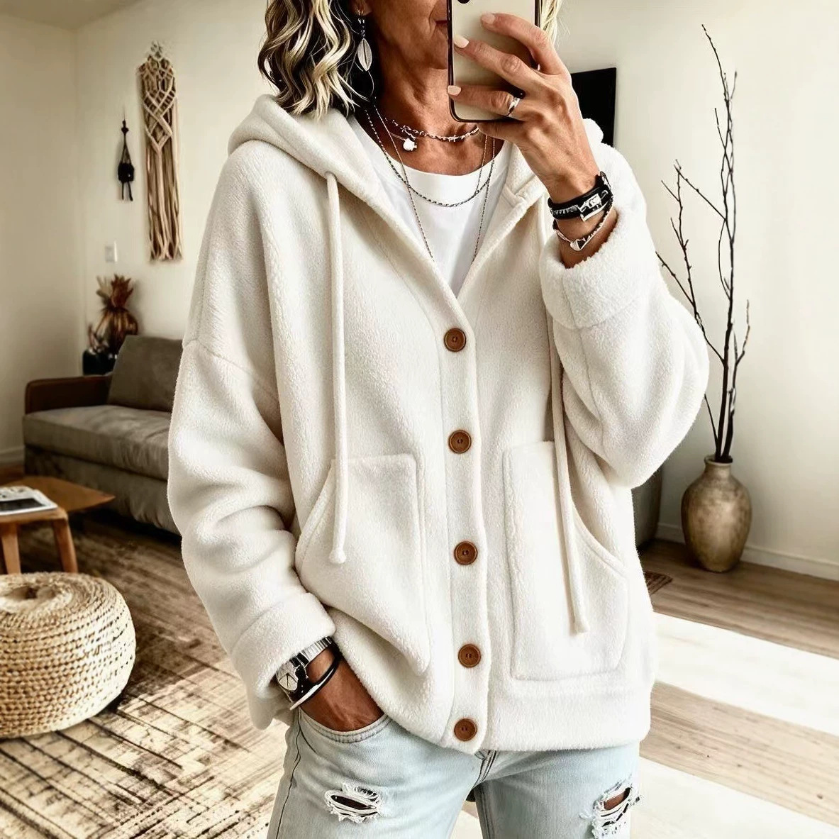 Women's Long-sleeve Cardigan Jacket With Buttons And Fleece Lining