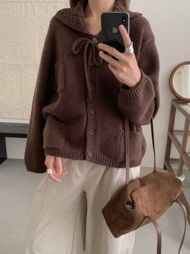 Lapel Loose Knitted Cardigan Casual Women's Sweater Coffee - Shop at LoveMi