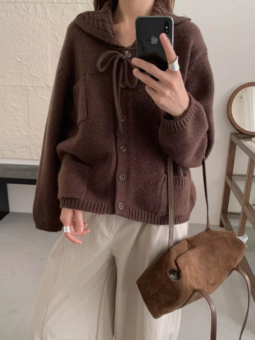 Lapel Loose Knitted Cardigan Casual Women's Sweater - Coffee