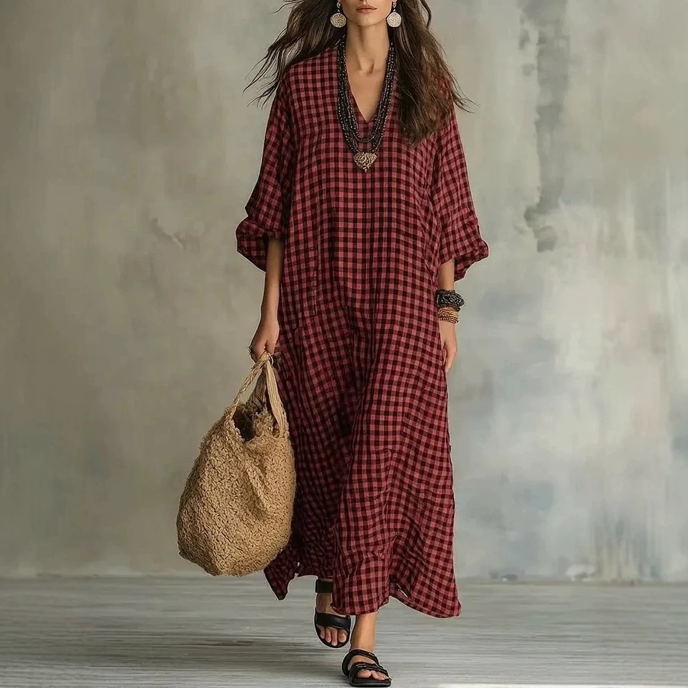 Retro Plaid Loose Cotton-Linen Womens Dress