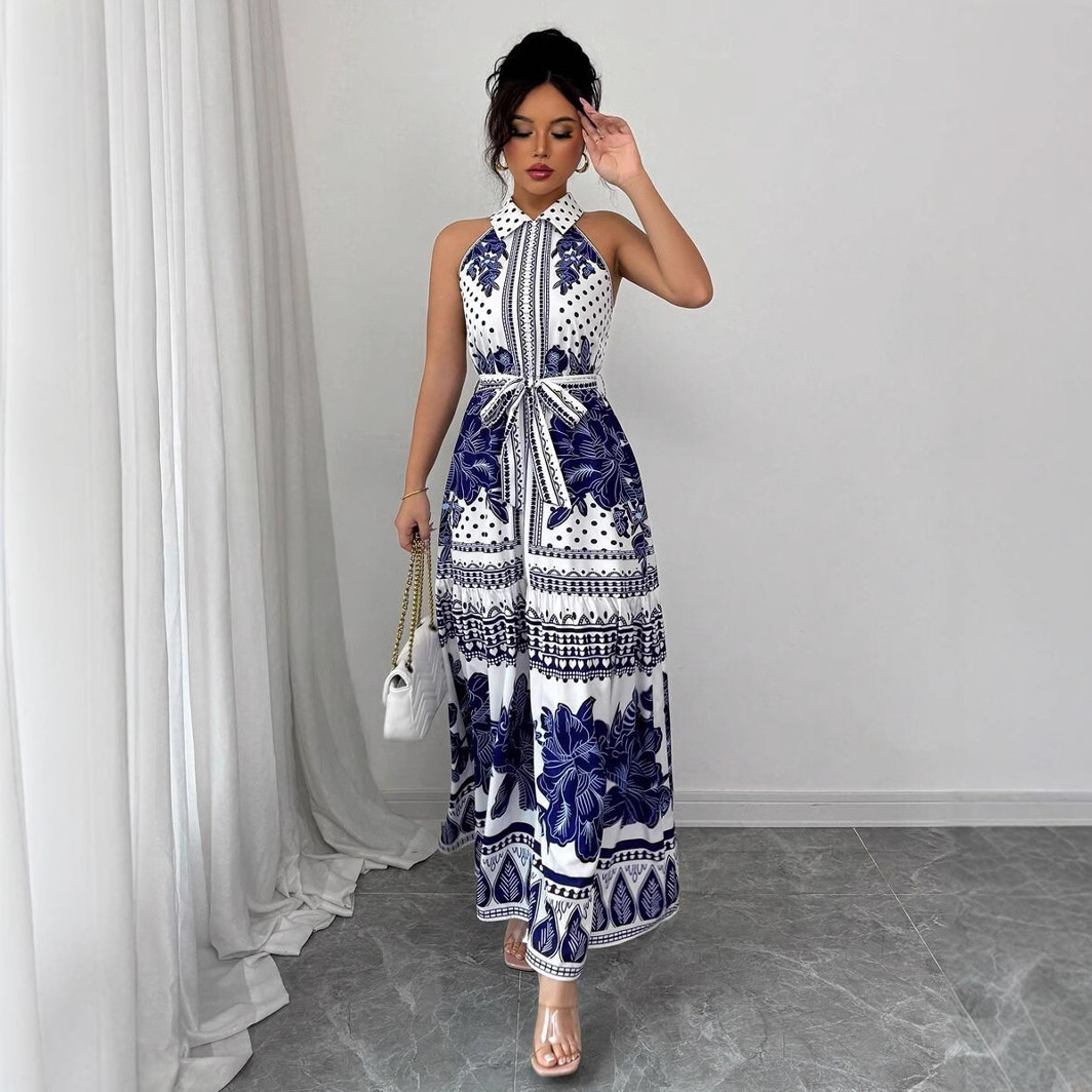 Off the shoulder A line Dress Featuring A Classic Blue and white Porcelain Print For An Elegant Look White - Shop at LoveMi