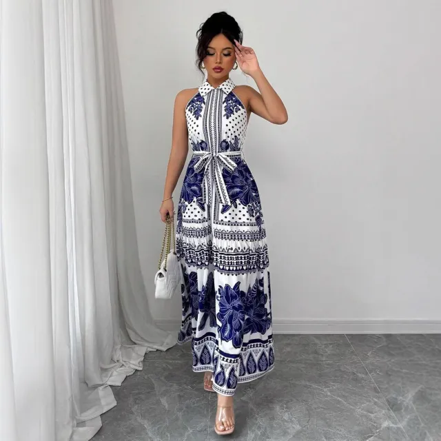Off the shoulder A line Dress Featuring A Classic Blue and white Porcelain Print For An Elegant Look Blue - Shop at LoveMi