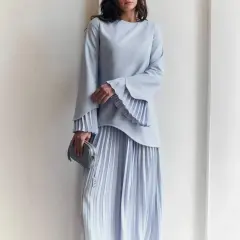 Round Neck Loose Casual Top Retro Temperament Skirt Suit Women - Light Blue - View 1