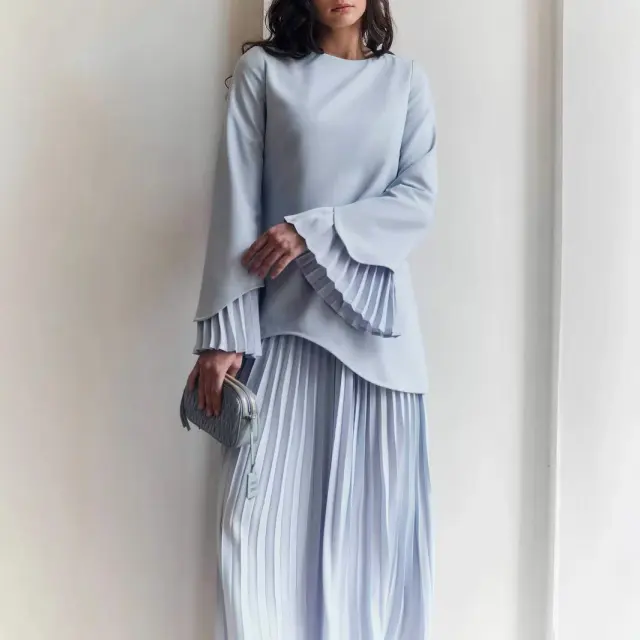 Round Neck Loose Casual Top Retro Temperament Skirt Suit Women Light Blue - Shop at LoveMi