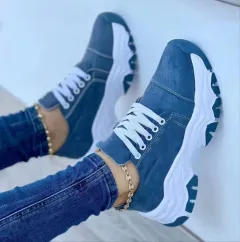 Round Head Thick Bottom Low-top Casual Shoes For Women Plus Size Lace Up Pumps - Blue - View 1
