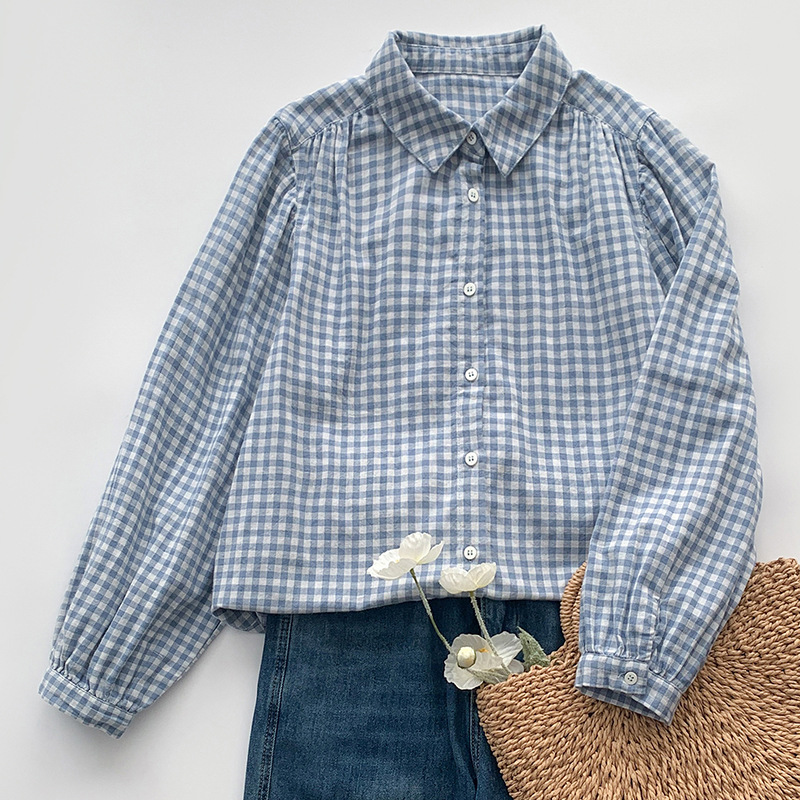 Loose-fit Casual Plaid Womens Blouse Top