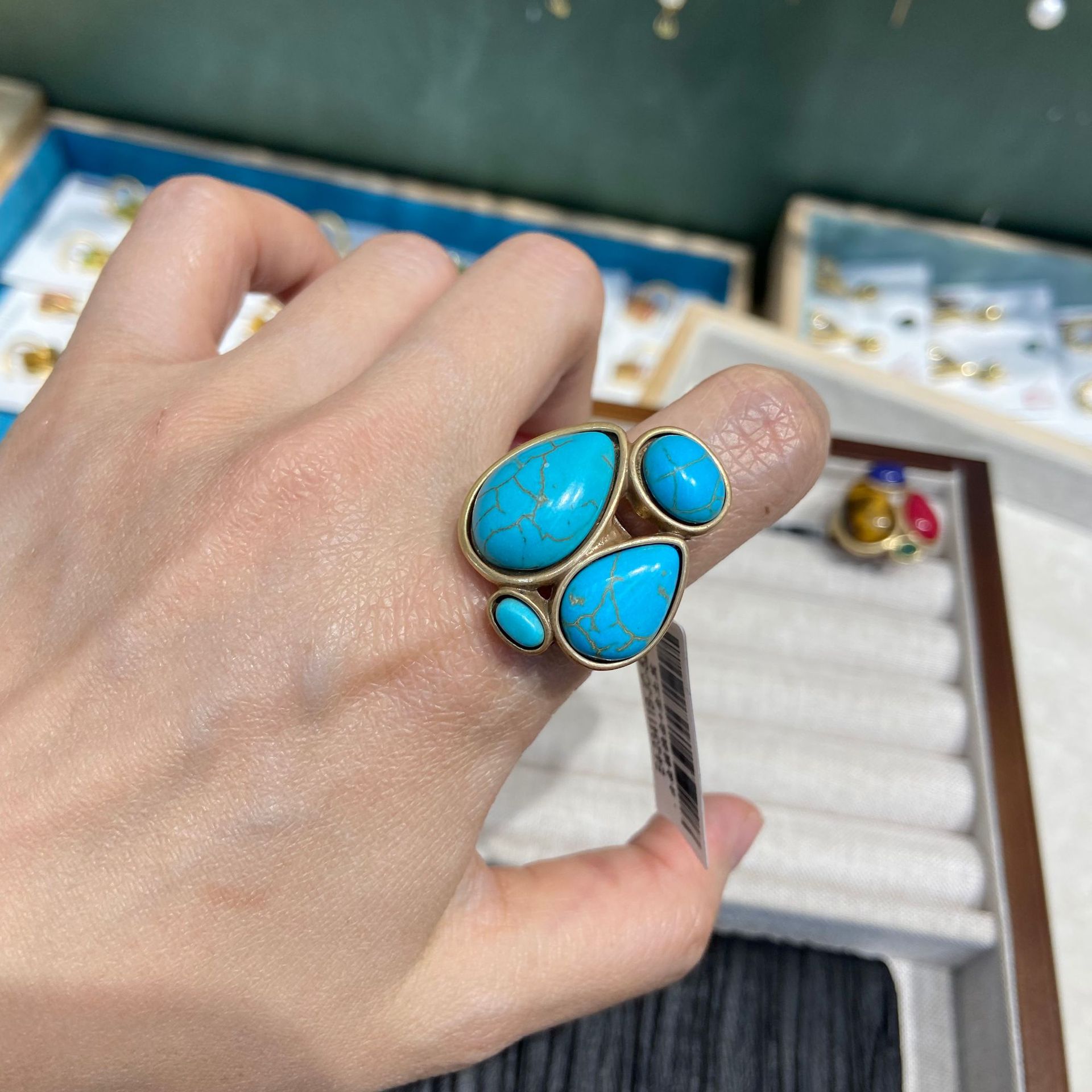 Blue Pine Tigers Eye And Red-Green Agate Ring