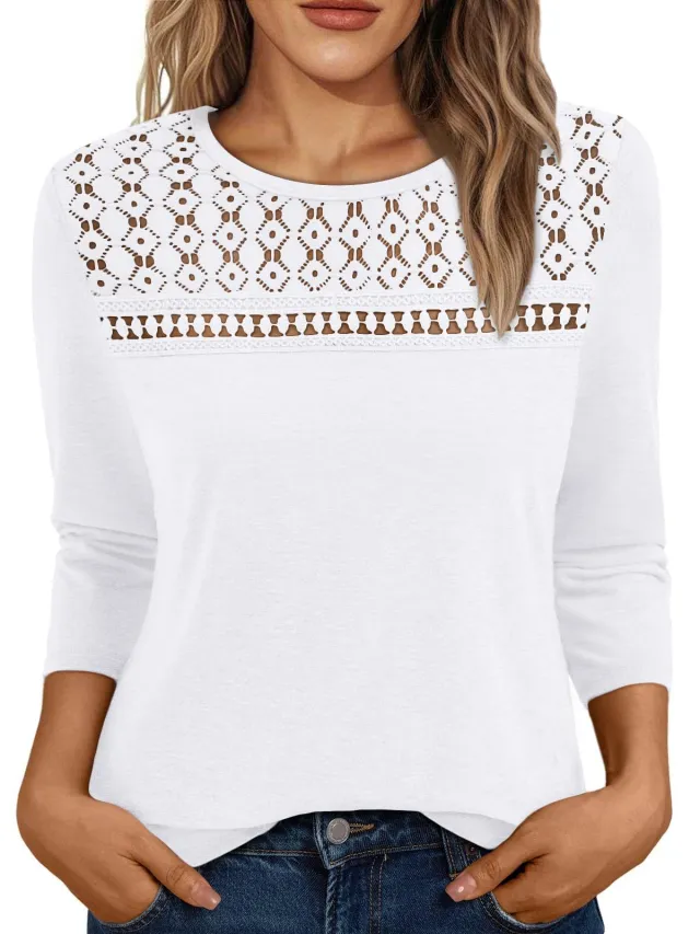Women's Round Neck Top Lace Hollow Breathable All match Long Sleeve White - Shop at LoveMi
