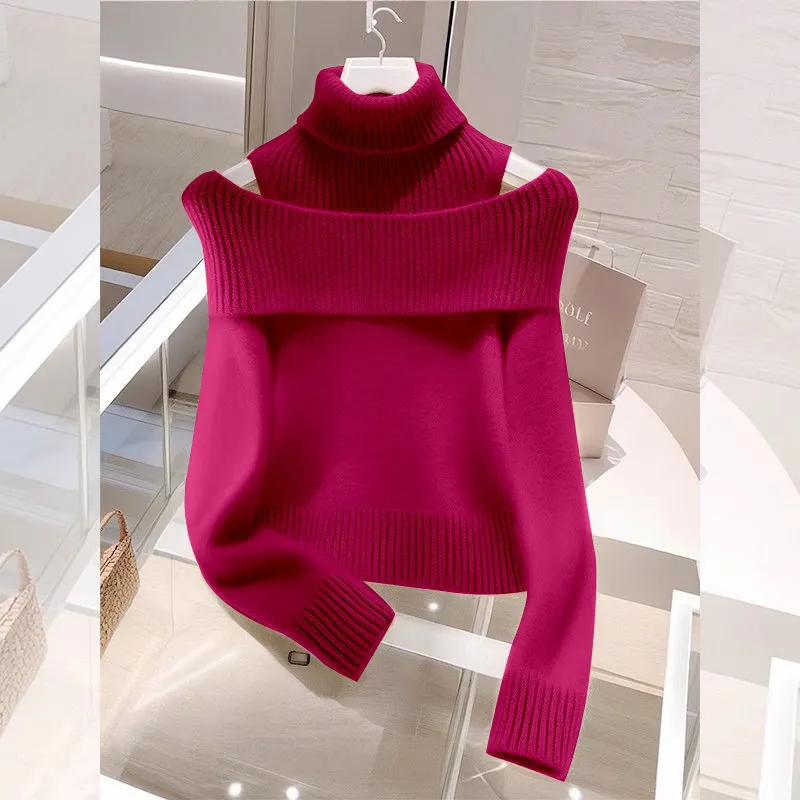 Soft Glutinous Idle Style Off-the-shoulder Bulky Turtleneck In Apricot Sweater - Plum Red