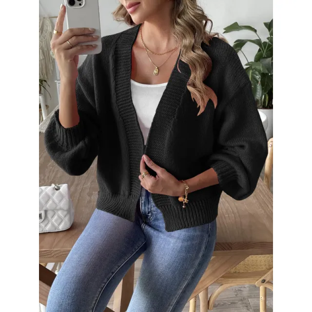 Women's Lantern Sleeve Simple Casual Short Sweater Black - Shop at LoveMi