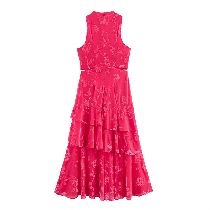 European And American Style Flocking Midriff Outfit Round Neck Sleeveless Dress