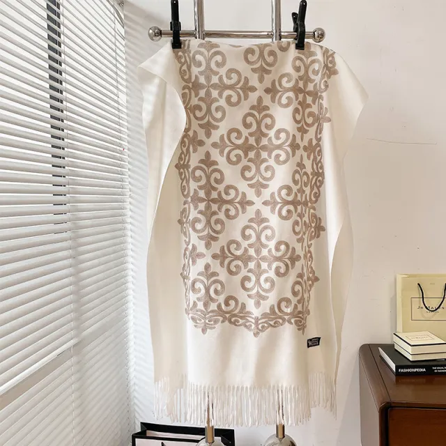 Textured Embroidered Scarf Winter All matching Spring And Autumn Imitation Cashmere White - Shop at LoveMi