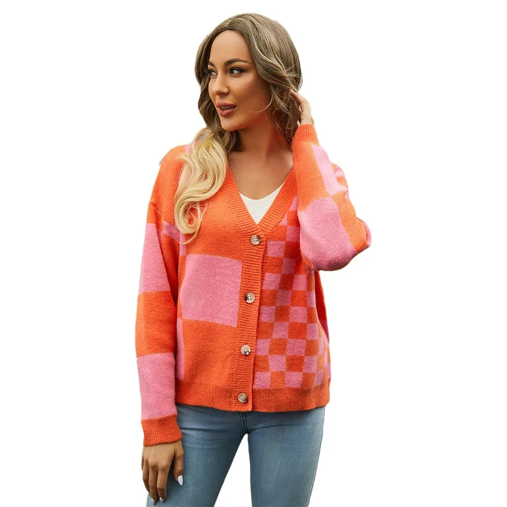 Autumn And Winter New Women's Knitted Plaid Stitching Plus Size Sweater - Orange