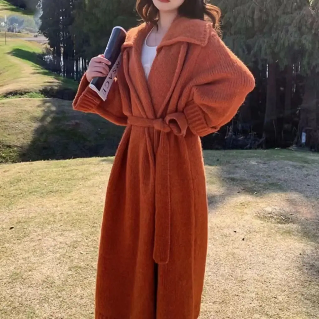 Autumn And Winter Mohair Knitted Coat For Women - Orange