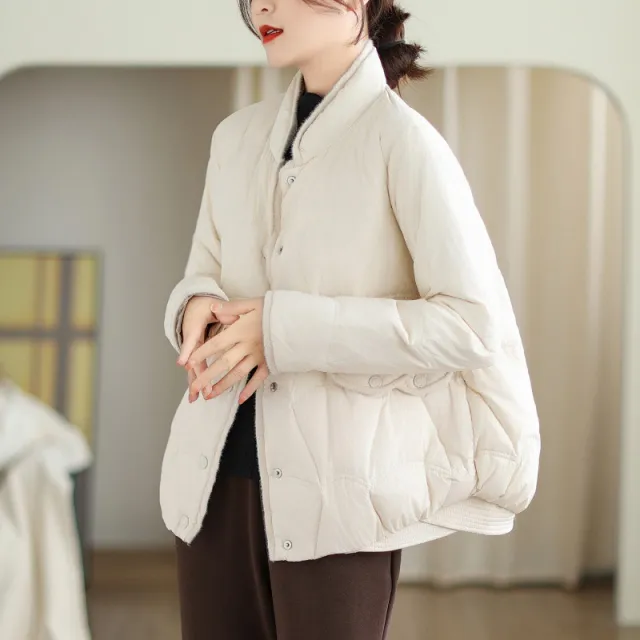 Solid Color Stand Collar Cotton padded Coat Women White - Shop at LoveMi