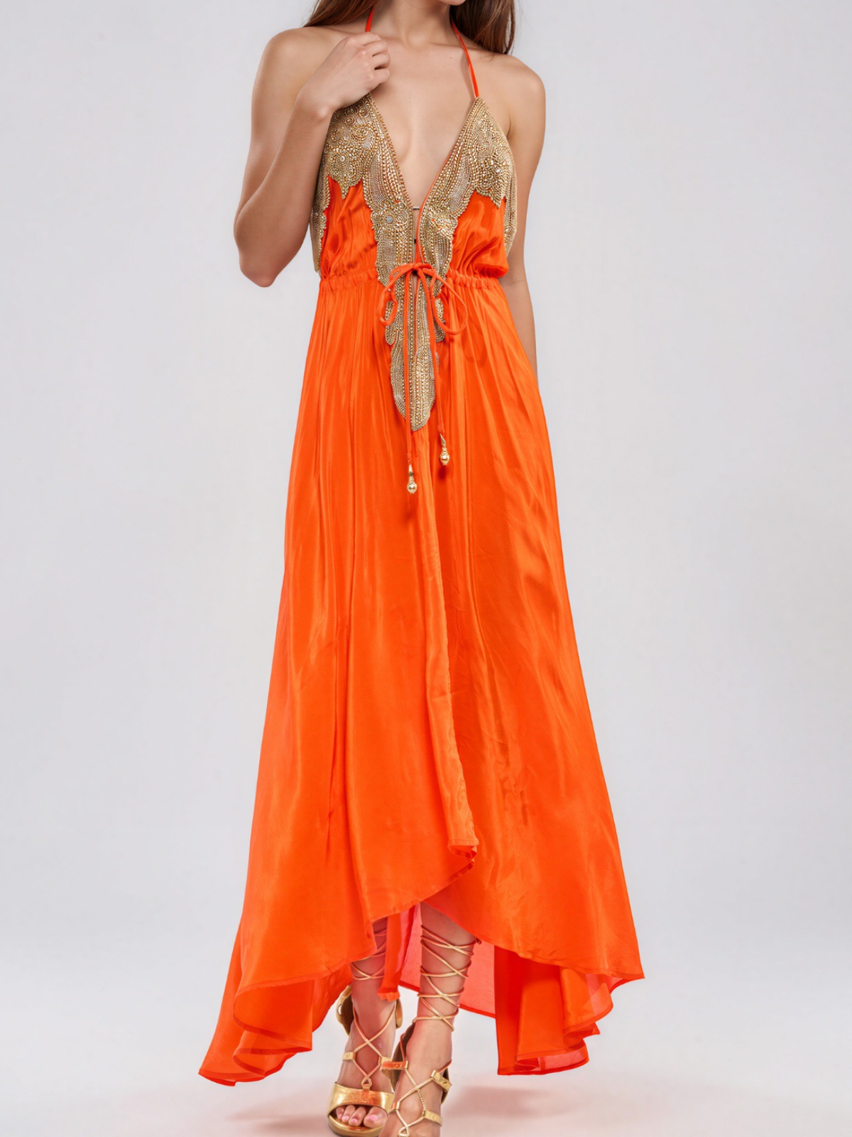 Embroidered Halterneck Drawstring Dress For Women