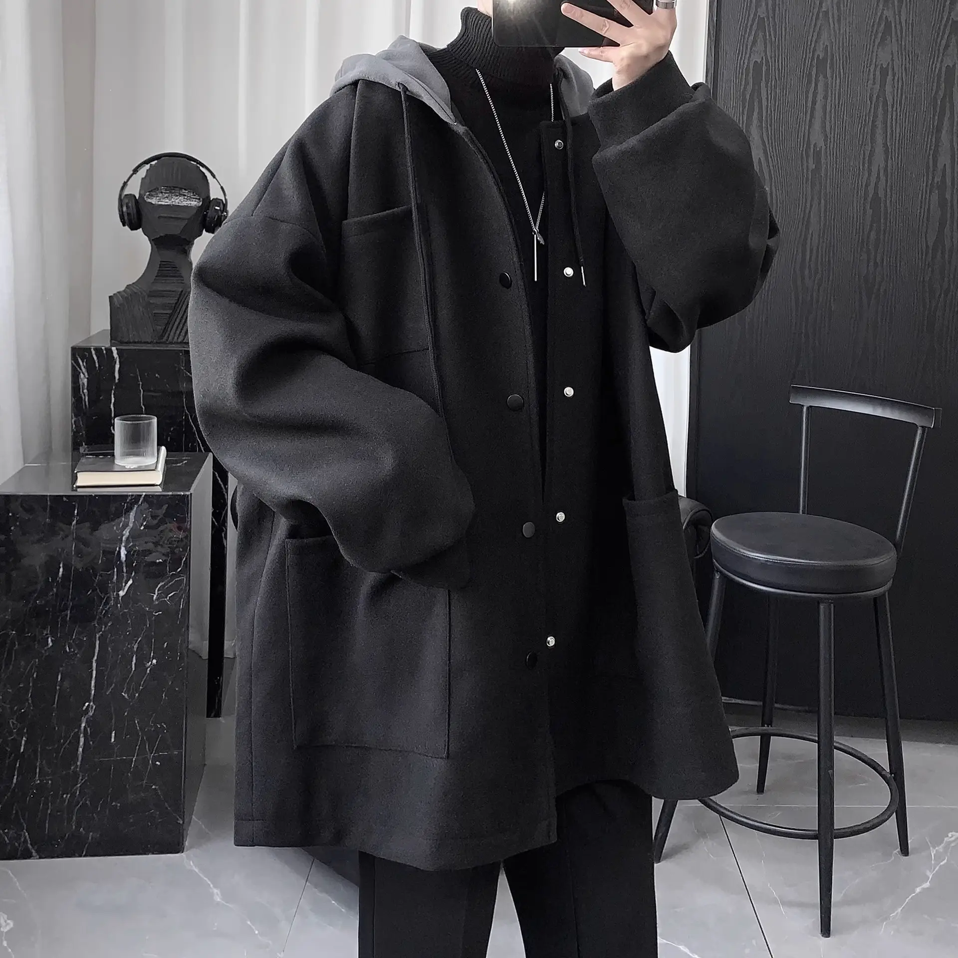 Quilted Hooded Jacket Mens Mid-Length Wool Coat