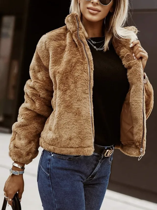Summer Rabbit Fur Faux Leather Zipper Cardigan Plush Warm Coat Brown - Shop at LoveMi