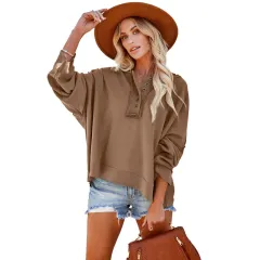 Leisure Loose Patchwork Drop-shoulder Long-sleeve Sweatshirt Women Winter Thicken Solid Colour Hoodie - Brown - View 1