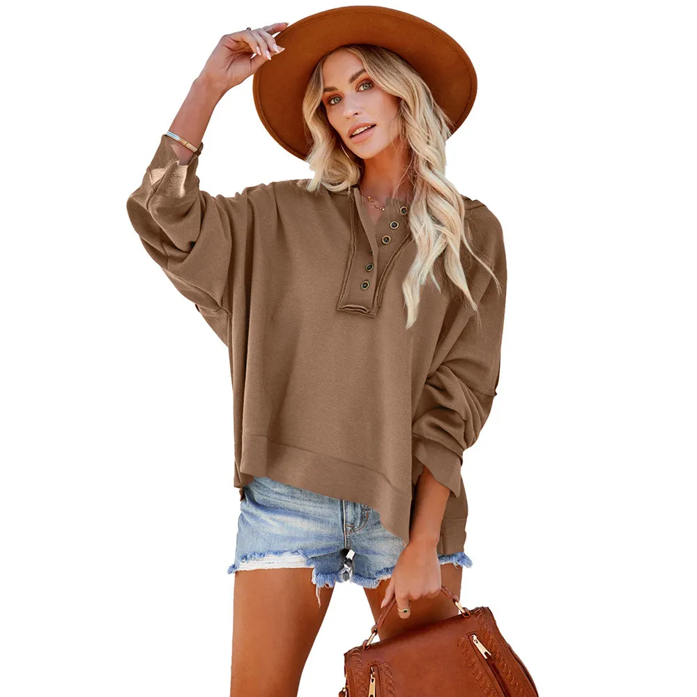 Leisure Loose Patchwork Drop-shoulder Long-sleeve Sweatshirt Women Winter Thicken Solid Color Hoodie - Brown