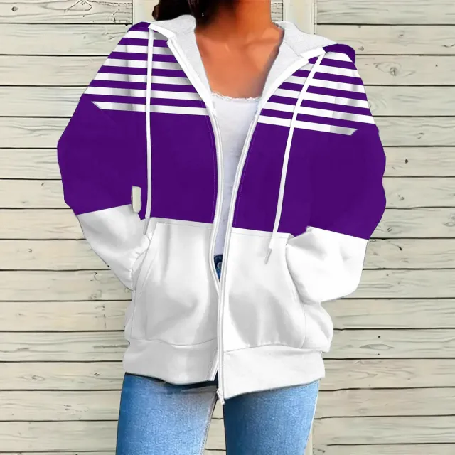Striped Flower Print Pocket Loose Long Sleeve Purple - Shop at LoveMi