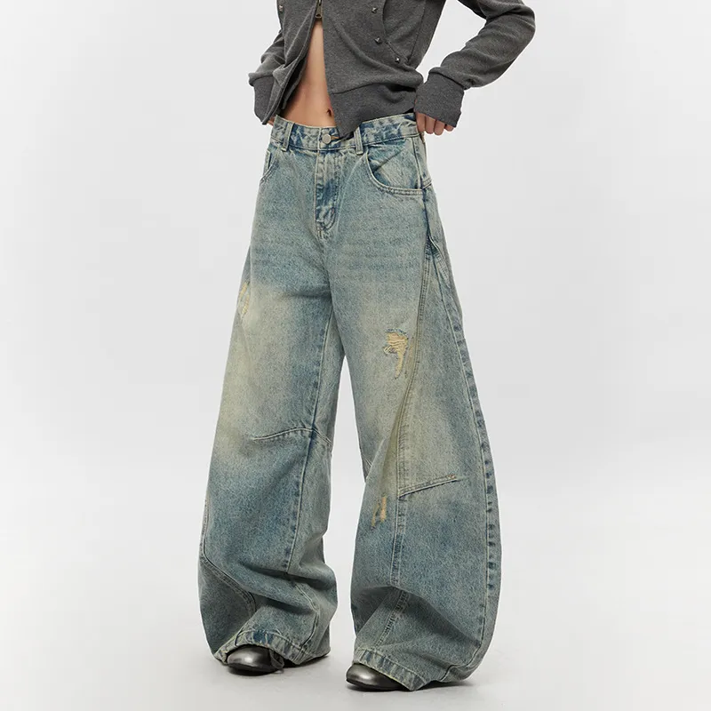 Ripped Denim Jeans Loose Straight-leg Design Couples Wide-leg Style American High-street Pants With A Cool Edgy Vibe - Light Blue