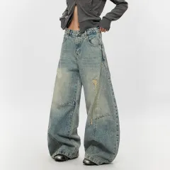 Ripped Denim Jeans Loose Straight-leg Design Couples Wide-leg Style American High-street Pants With A Cool Edgy Vibe - Light Blue - View 1