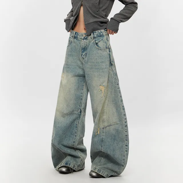 Ripped Denim Jeans Loose Straight leg Design Couples Wide leg Style American High street Pants With A Cool Edgy Vibe Light Blue - Shop at LoveMi