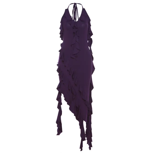 Female Fashion Halter Backless Irregular Solid Color Dress Purple - Shop at LoveMi