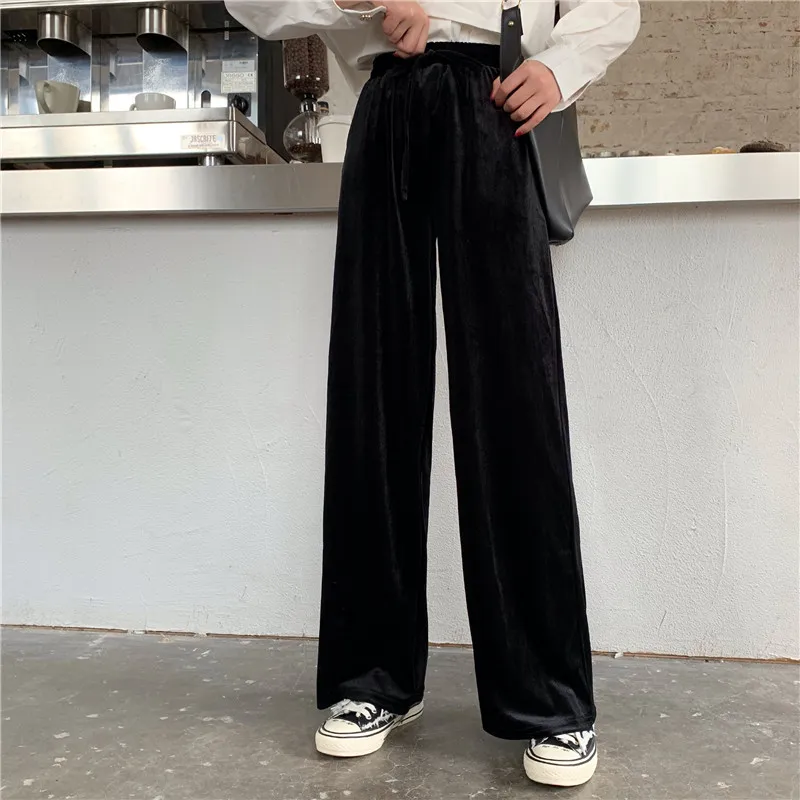 Draping Effect Gold Velvet Spring And Autumn Loose High Waist Straight Mopping Pants - Black